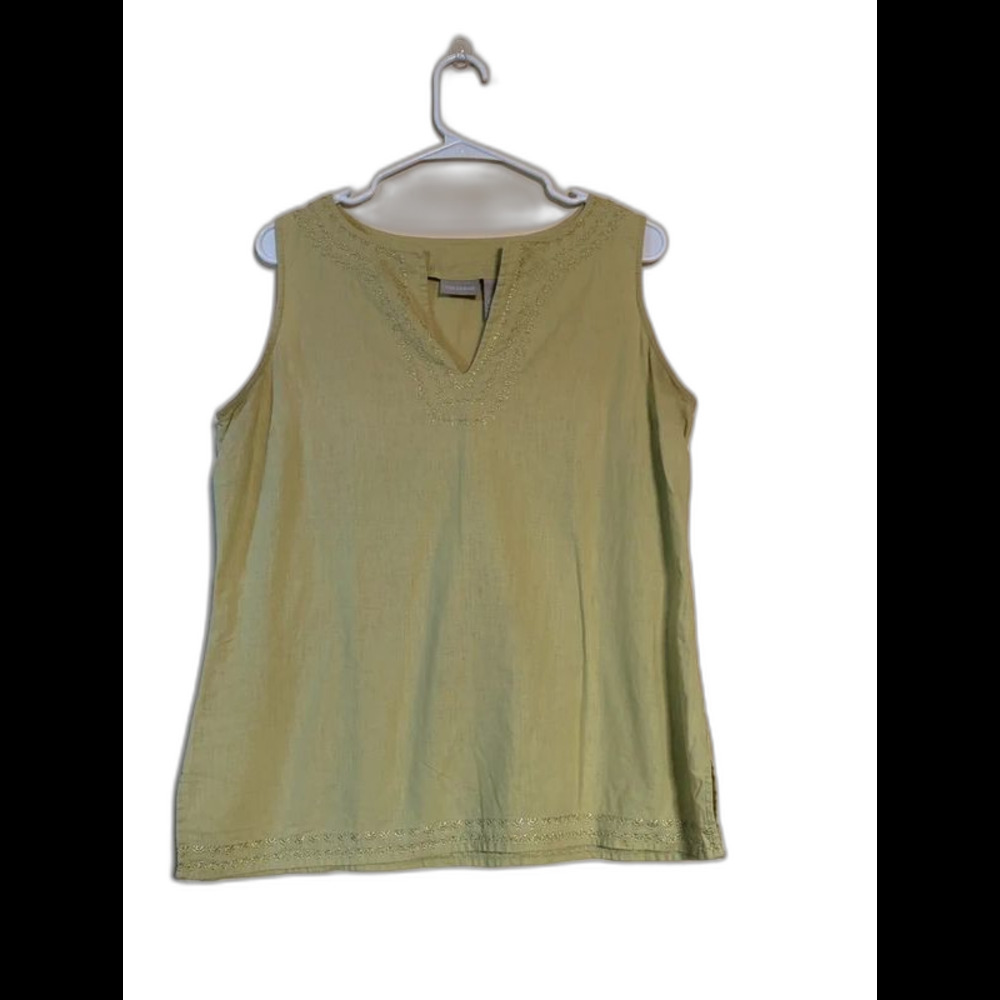 Fieldgear Olive Green Linen Cotton Blend Embroidered V-Neck Tank Top Size L